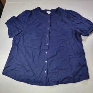 J.Crew Women Navy Smocked Neck Linen/Cotton Short Sleeve Button Up Blouse Sz L